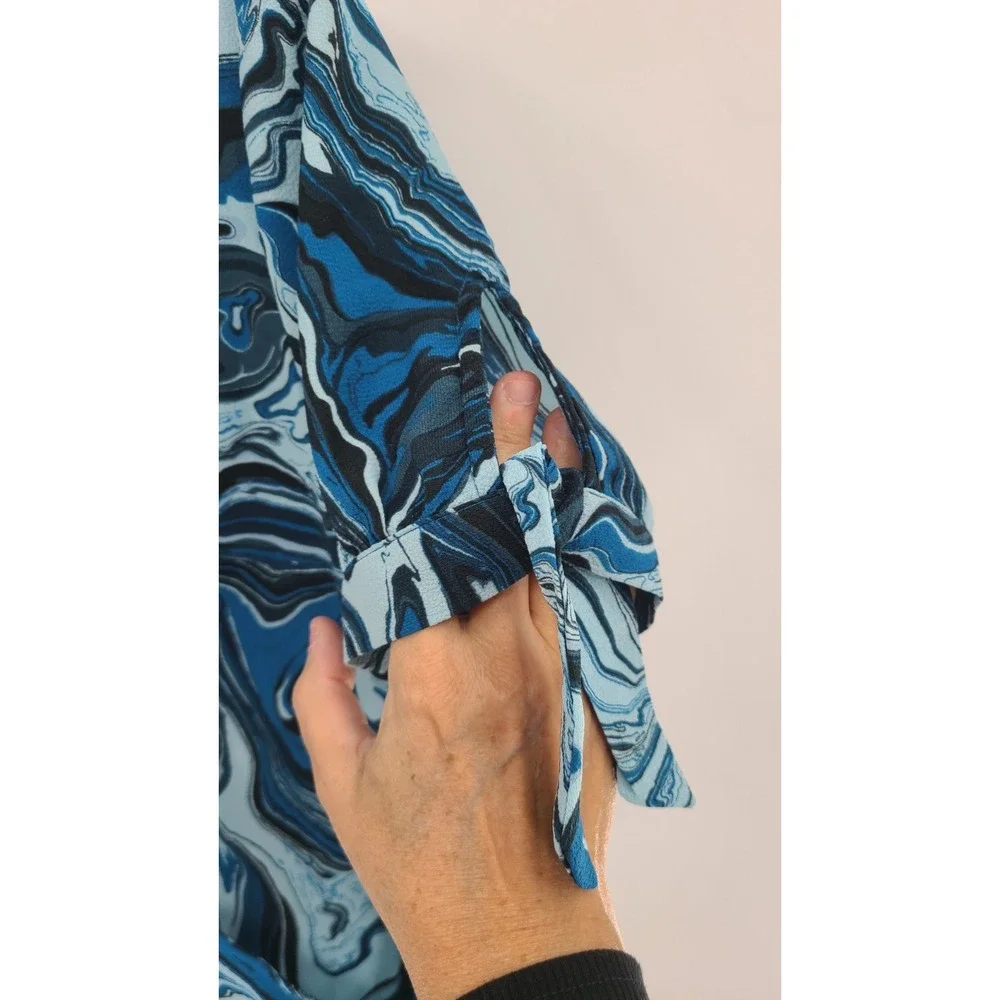 Michael Kors Wrap Swirl Coastal Top Blouse XL Artsy Blue Resort Short‎ Sleeves